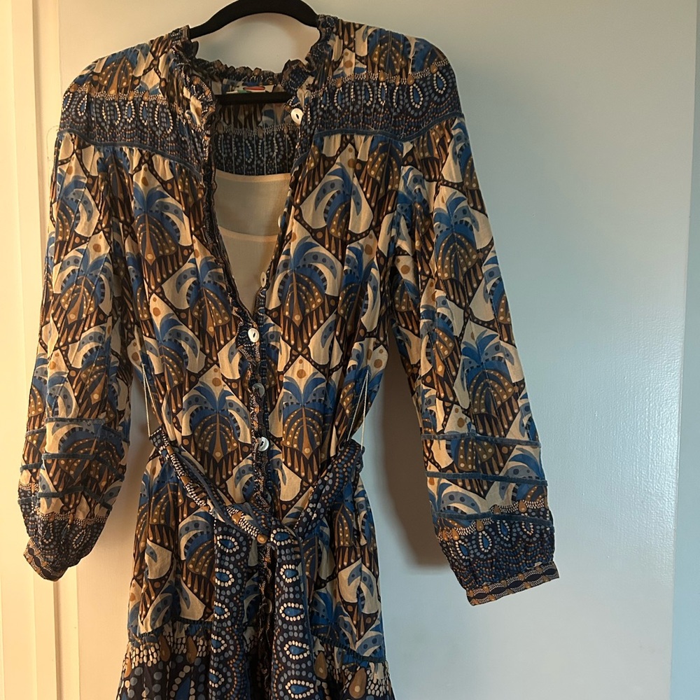 FARM Rio Blue and Brown Long Sleeve Dress